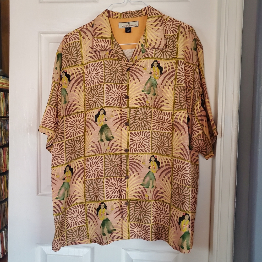 Tommy Bahama Hawaiian‎ Hula Girl Dancer Peach Aloha Camp Shirt Silk Beach Large